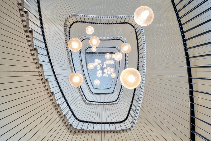 Modern staircase in an office building with a view from below, Zurich, Switzerland, Europe