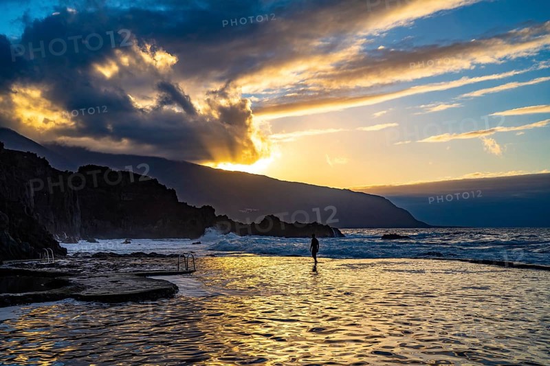 Sunset at the natural swimming pool La Maceta, El Hierro, Canary Islands, Spain, Europe