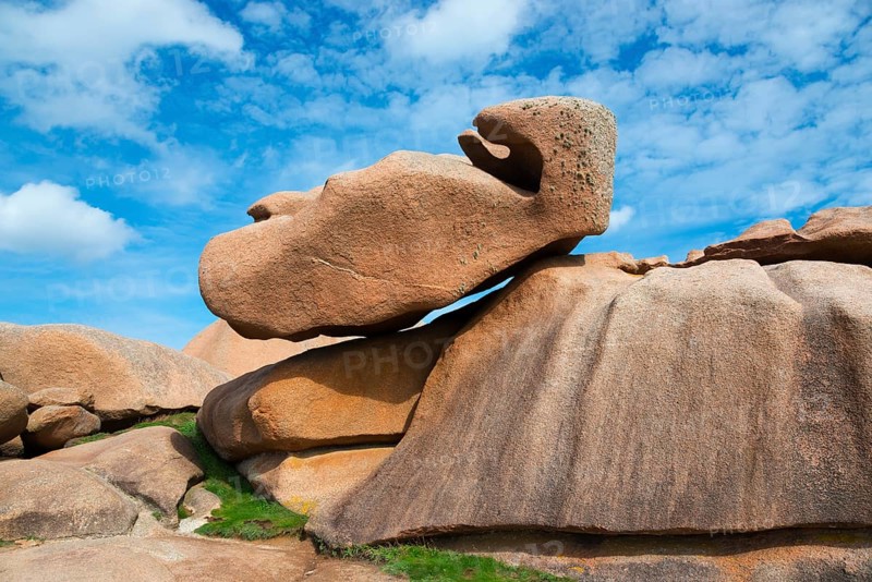 Impressive rock formation under a slightly cloudy sky, Ploumanac'h, Ploumanach, Perros-Guirec, Côtes-d'Armor, Brittany, France, Europe