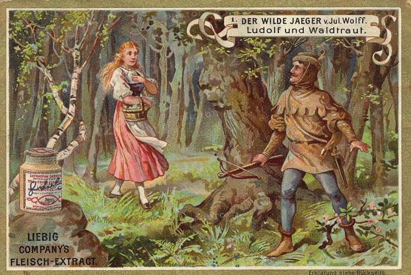 Picture series The Wild Hunter by Jul. Wolff, Ludolf and Waldtraut, Liebig picture, digitally restored reproduction of a collector's picture from ca. 1900, public domain, exact date unknown, knight and lady meet in a mystical forest