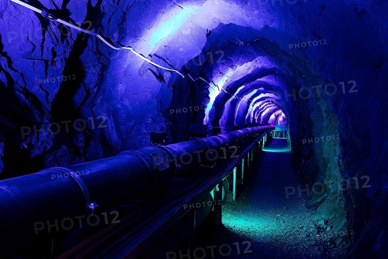 Blue illuminated walkway through the Tamina Gorge, Bad Pfäfers, St. Gallen, Switzerland, Europe