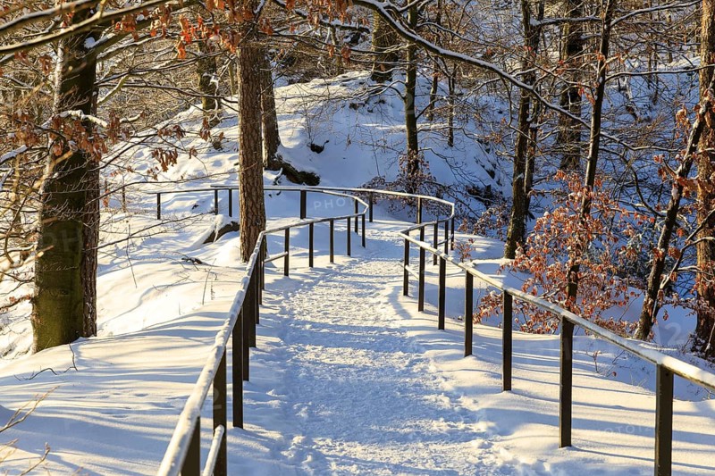 Snow-covered hiking trail on the Bastei, Saxon Switzerland, Saxony, Germany, Europe