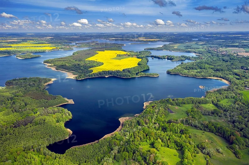 Aerial view over lake Schaalsee at Biosphärenreservat Schaalsee in spring, Schleswig-Holstein, Germany, Europe