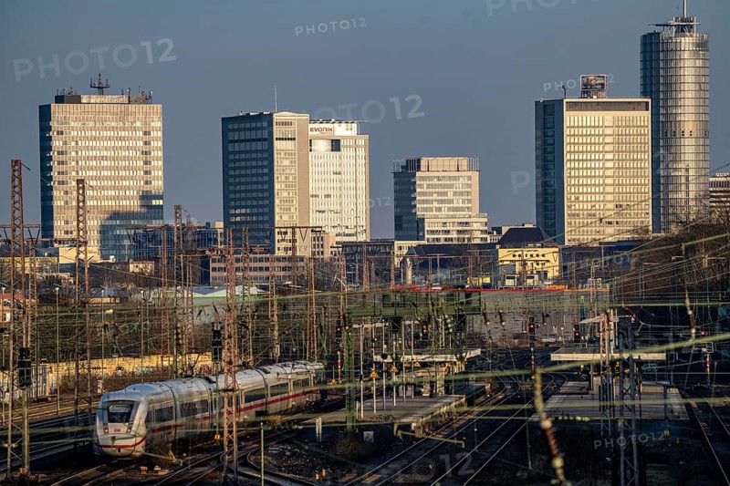 ICE train on the tracks west of Essen central station, skyline of the city centre, North Rhine-Westphalia, Germany, Europe