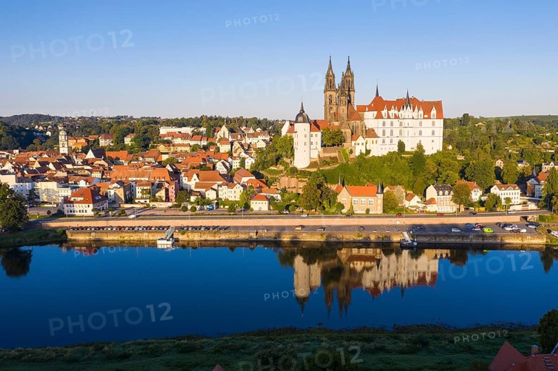 Aerial view of the old town with Church of Our Lady, St.Afra, Albrechtsburg, cathedral and Elbe, Meissen, Saxony, Germany, Europe