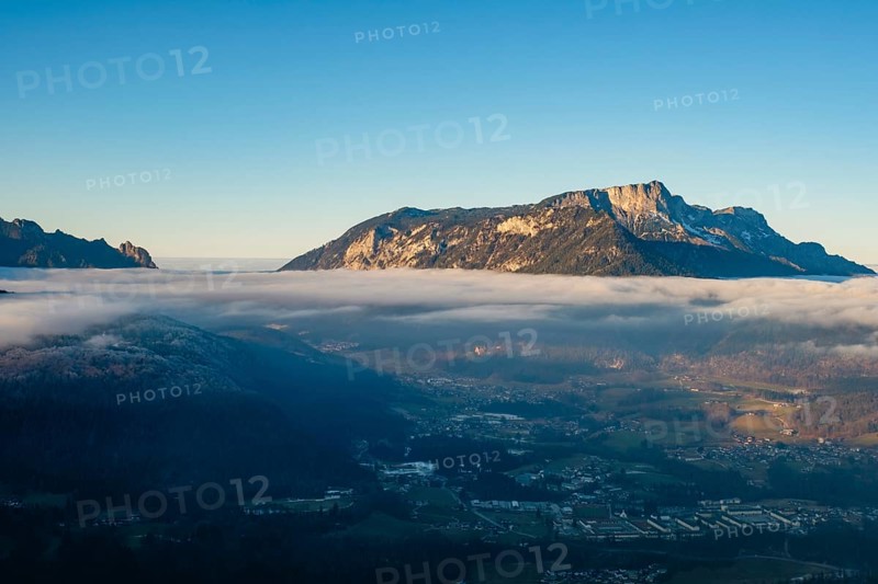 High fog cover over the valley basin of Berchtesgaden, above Lattengebirge and Untersberg, Berchtesgaden Alps, Bischofswiesen, Berchtesgadener Land, Upper Bavaria, Bavaria, Germany, Europe