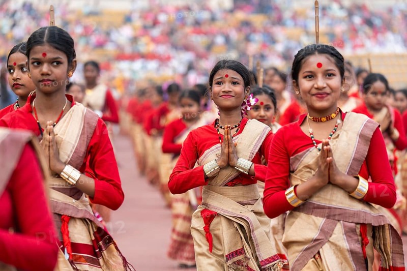 Students arrives to perform Bihu dance as they participate in Samutkarsh Mahashivir organised by Vidya Bharati Purvottar Kshetra at Indira Gandhi Athletic stadium on January 31, 2025 in Guwahati, India, Asia