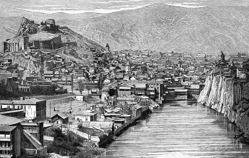 Cityscape of Tbilisi, Georgian capital, metropolis, old town, water, dense buildings, church towers, steep banks, mountain landscape, travelling in Asia, Georgia, historical illustration 1887, Asia