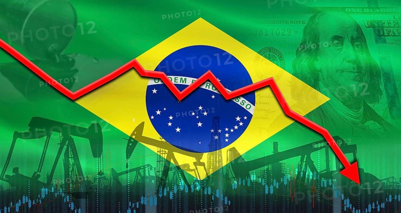 Fall oil price with flag of Brazil on economic chart. Petrol crisis with Brazil flag on financial graph