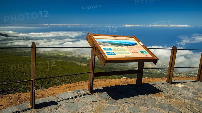 Panorama of the west coast with trade wind clouds from the Mirador El Valle viewpoint, Parque Nacional de las Canadas del Teide, Teide National Park, UNESCO World Heritage Site, Tenerife, Canary Islands, Spain, Europe