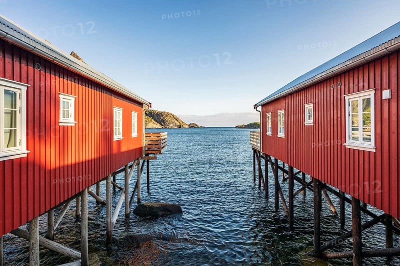 Red Rorbuer cabins, fishing village Nusfjord, Lofoten, Norway, Europe