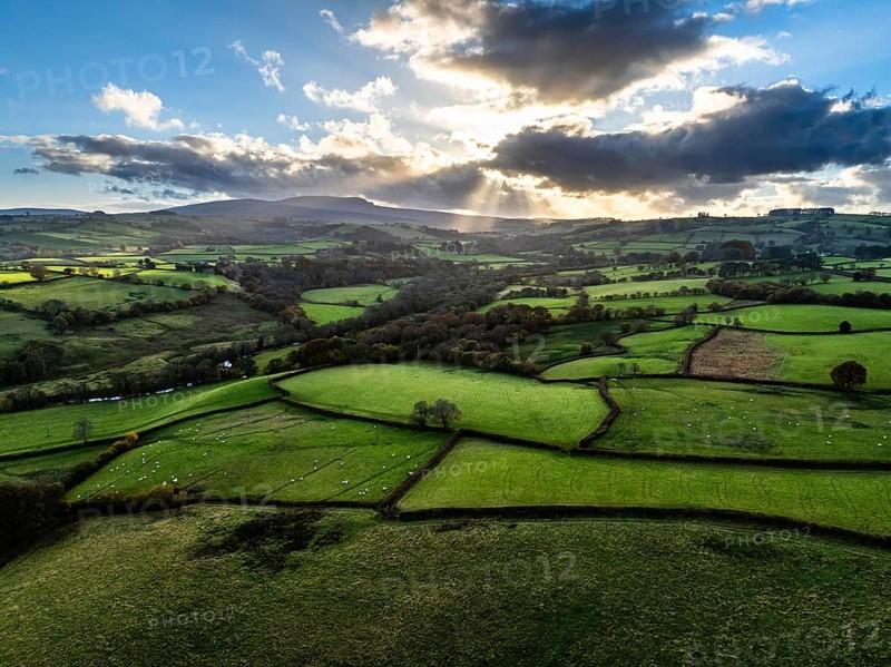Farms over Trecastle from a drone at sunset, Brecon Beacons National Park, Powys, Wales, England, United Kingdom, Europe
