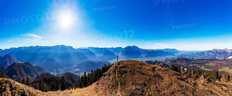 Drone shot, summit cross on Schwarzer Berg with view of the Salzach valley with Hagengebirge and Hohe Göll, Golling, Osterhorngruppe, Salzburg province, Austria, Europe