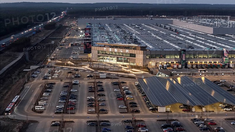 The Tesla Gigafactory at the blue hour, Grünheide, 07.03.2025, Grünheide, Brandenburg, Germany, Europe