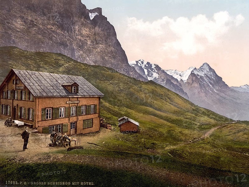 Schynige Platte, Grosse and Hotel, Bernese Oberland, Switzerland, Historic, digitally restored reproduction from a 19th century original, Record date not stated, Grosse and hotel, Bernese Oberland, Switzerland, Historic, digitally restored reproduction from a 19th century original, Record date not stated, Europe