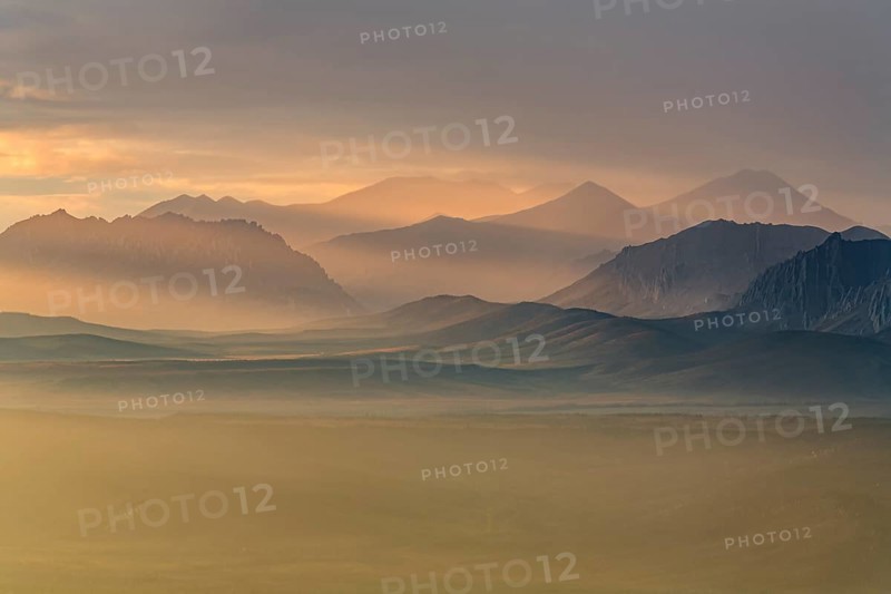 Morning light, clouds, fog, autumn, haze, autumn colours, wilderness, mountain landscape, Ogilvie Mountains, Dempster Highway, Yukon, Canada, North America