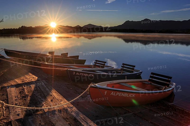 Rowing boats, sunrise, lake, mountains reflected in water, Staffelsee, Murnau, foothills of the Alps, Bavaria, Germany, Europe