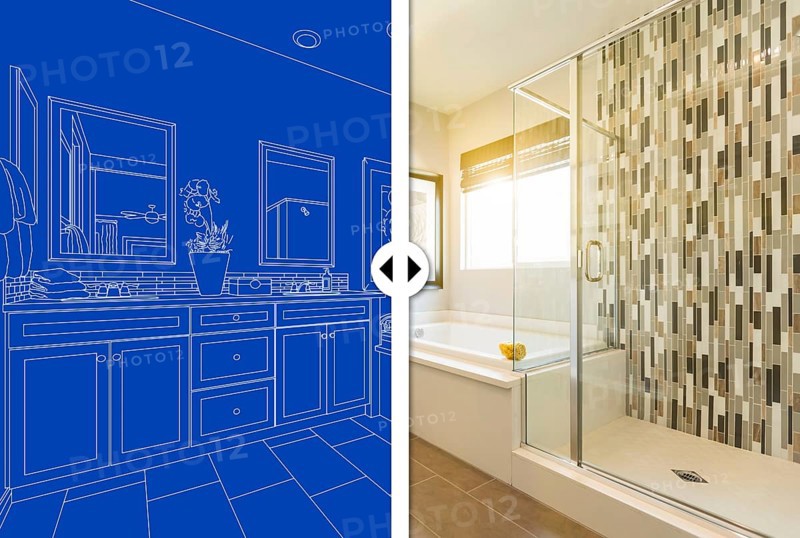 Before and after slider comparing blueprint sketch drawing plans and completed custom master bathroom