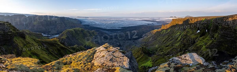 Cliffs in the evening light, Impressive landscape with mountains and glaciers, Huldujökull and Kötlujökull glacier tongues, Myrdalsjökull glacier, Pakgil, Iceland, Europe