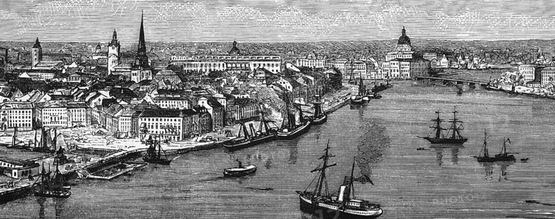 Cityscape of the Swedish capital Stockholm with harbour facilities, waterfront promenade, quay, steamship, two-master, sailing ships, churches, bridge, Baltic Sea, geography, Sweden, historical illustration 1888, Europe