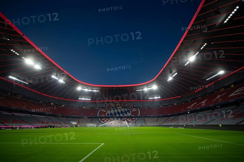 Stadium, empty, interior, illuminated, blue hour, Allianz Arena, Munich, Bavaria, Germany, Europe