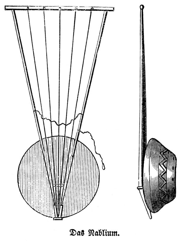 Top and side view of the stringed instrument Nablium or Nabla, V-shape as a mathematical symbol, strings in a triangle, sound cymbal with abstract ornamentation, played with the fingers, Bible, historical illustration, Biblical Dictionary 1862