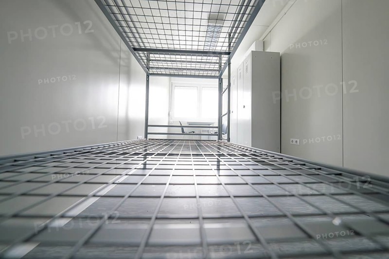 A view of a metal bunk bed in a functional, bright room, Beermiß refugee accommodation, Calmbach, Black Forest, Germany, Europe