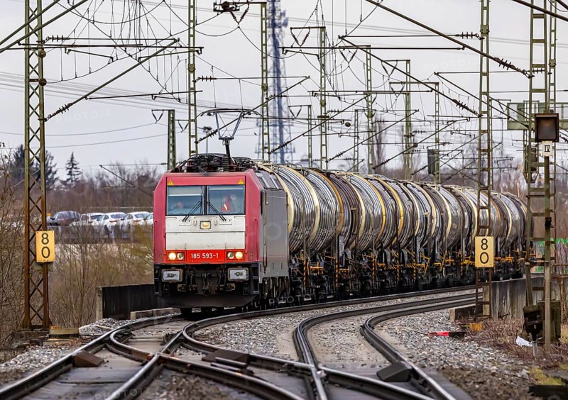 Goods train travelling on the winding Schuster Railway, overhead lines and infrastructure. Tank wagon. Stuttgart, Baden-Württemberg, Germany, Europe