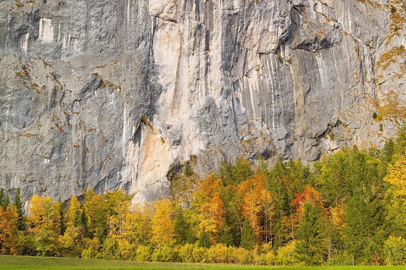 Gößler Wand in autumn. It is a rockwall of 180 m height between the lakes Toplitzsee and Grundlsee. Salzkammergut, Styria, Austria, Europe