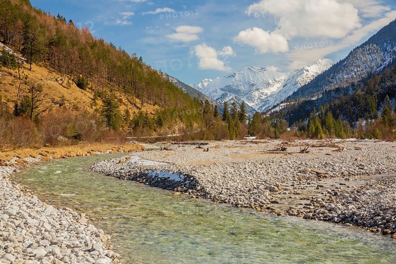 Isar valley nature conservancy area. The wild Isar river flows through its gravel bed