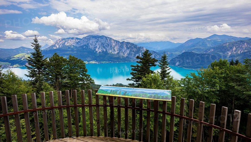 Hollerberg viewing platform on the Hochplettspitz, Attersee with Höllengebirge, Salzkammergut, Upper Austria, Austria, Europe