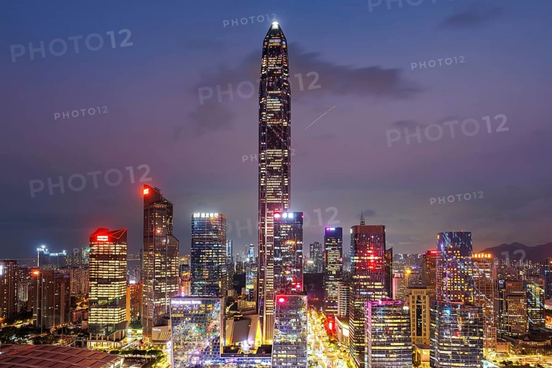 Skyline with skyscrapers city centre Futian district at night in Shenzhen, China, Asia