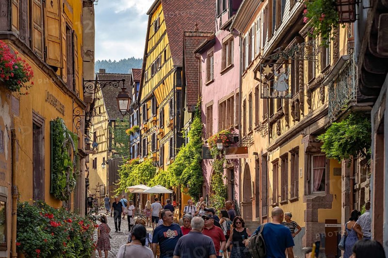 The historic old town centre of Riquewihr, Alsace, France, Europe