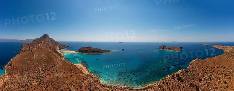 Drone shot, Gramvousa peninsula with view to the beach and bay of Balos, Kolimbari, West Crete, Crete, Greece, Europe