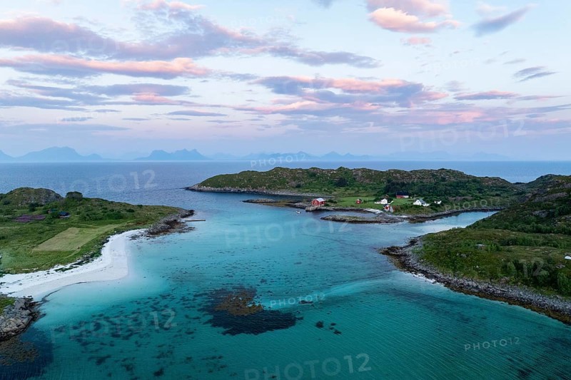 Coast of Skrova island and view of surrounding islands, sandy beaches with turquoise water, Lofoten, Norway, Europe