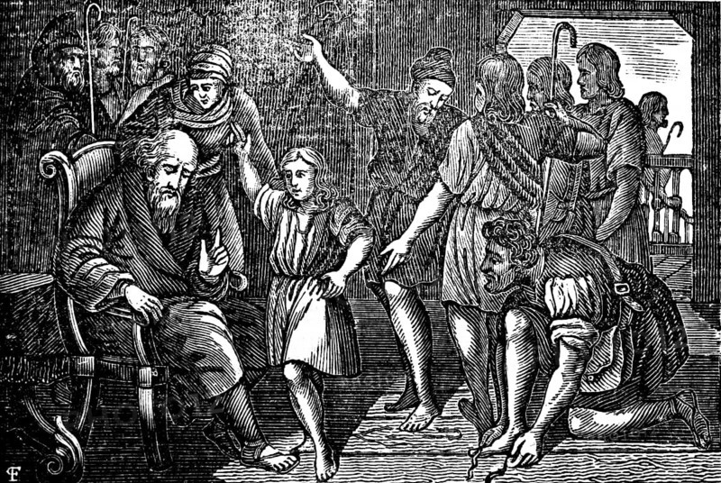 Jacob's son Joseph tells the brothers his dreams, armchair, family, listener, interior, Genesis, woodcut, Christoph Schmid's Biblical History 1831