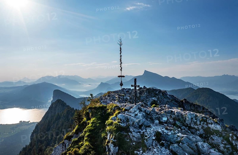 Drone shot, summit cross on the Schober with a view of the Schafberg, Osterhorn group, Salzkammergut, Salzburg province, Austria, Europe