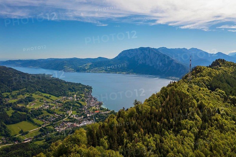 Drone shot, view from the Eisenaualm to Unterach and Attersee, Osterhorn group, Salzkammergut, Salzburg province, Austria, Europe