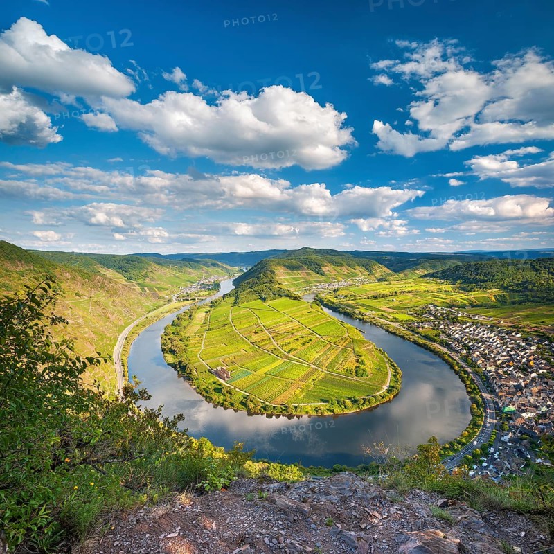 View of the Moselle bend at Bremmer Calmont, Bremm, Moselle valley, Rhineland-Palatinate, Germany, Europe