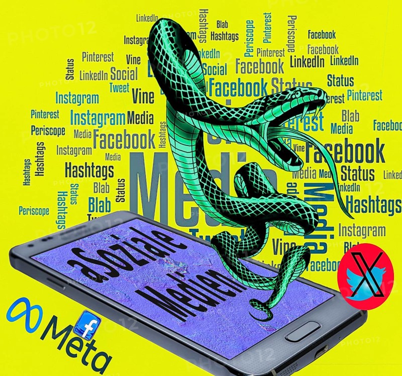 Symbolic image, poisonous snake as (a) Social media, mobile phone, smartphone, socialmedia, Elon Musk, Mark Zuckerberg, Donald Trump, extreme freedom of expression, denial of facts, Industry 4.0, data traffic, @ sign. Mail traffic, AI, ChatGBT, AI, OpenAI, chatbot, artificial intelligence, artificial intelligence, IT system, computer science, AI learning, IT technology, computer system, software, Apple, Google, Microsoft, creativity, questionable security, AI research, voice robots, algorithm
