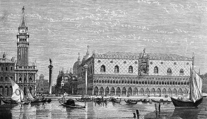 View over the Grand Canal on St Mark's Tower, St Mark's Church and Doge's Palace, Monolithic Column of St Theodore, Gondolas with gondolier, Sailing ships, Veneto, Geography, Italy, historical illustration 1888, Europe