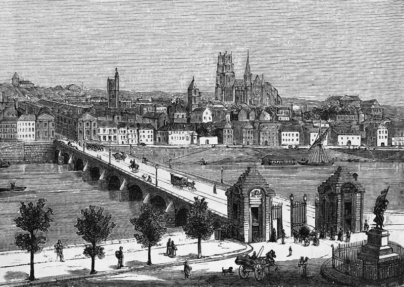 City view of Orleans on the Loire, cathedral, bridge, horse-drawn carriage, promenade, ships, geography, France, historical illustration 1888, Europe