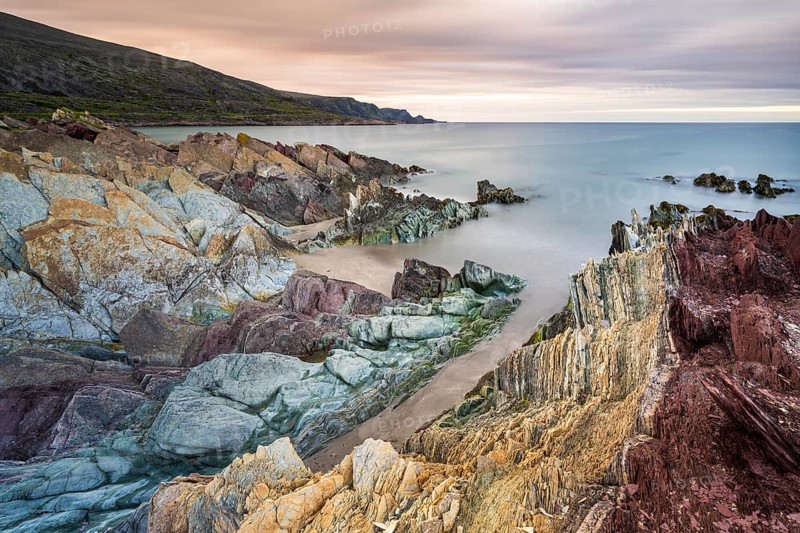 Colourful rocks on the coast, Varanger, Barents Sea, Finnmark, Norway, Europe