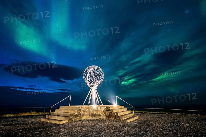 Northern Lights at the North Cape with steel globe, Nordkapp, Finnmark, Norway, Europe