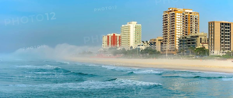 Panoramic photo of Barra da Tijuca beach at dawn in the city of Rio de Janeiro, Barra da Tijuca, Rio de Janeiro, Rio de Janeiro, Brazil, South America