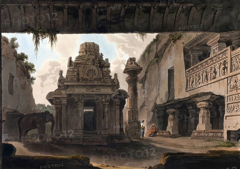 Indra Sabha, a Jain cave north of the Kailash temple in Ellora, known as Indrasabha. It is the largest and most beautiful of all Jain temples in Ellora, India, ca 1880, digitally enhanced reproduction of a 19th century model, Asia
