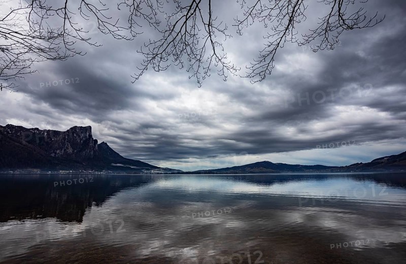 Gloomy clouds in autumn at Lake Mondsee, Salzkammergut, Upper Austria, Austria, Europe