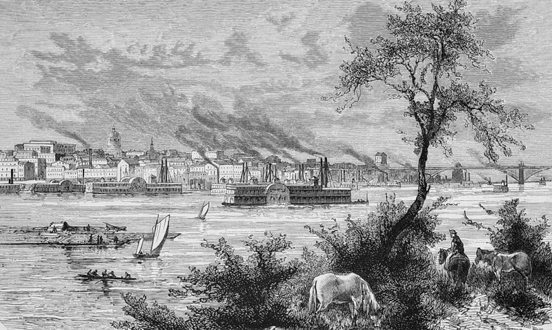 City view of St. Louis in the state of Missouri on the Mississippi River, smoking chimneys, paddle steamers, sailing boats and rowing boat on the river, rural foreground with horses on the river bank, travelling, USA, historical illustration 18888, North America