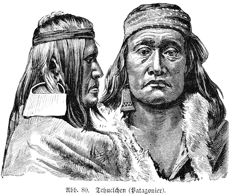 Man and woman of the indigenous Indian tribe of the Tehuelche or Tewelche, Patagonia, portrait in profile and from the front, ear jewellery, headband, fur jacket, travel, Argentina, historical illustration 1888, South America