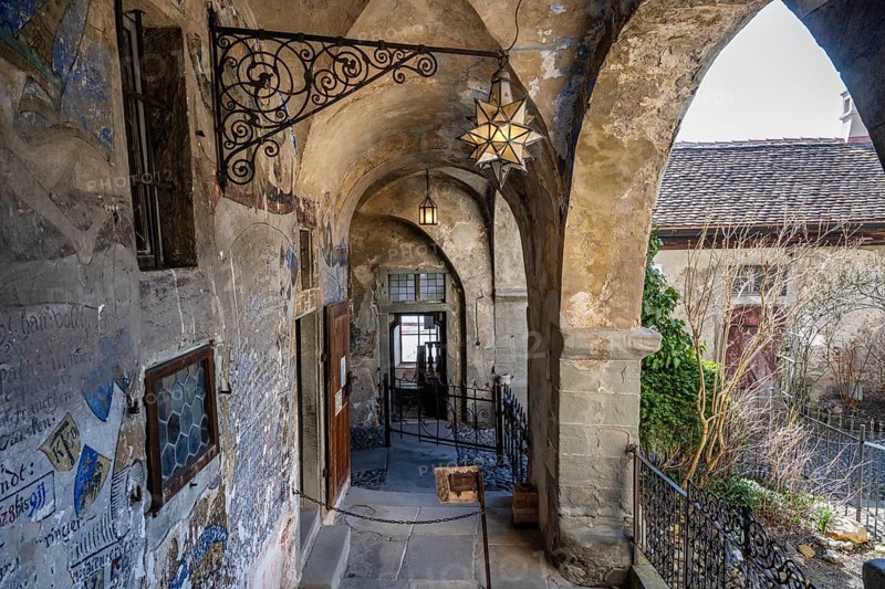 Ribbed vault, facade painting, blacksmith's art in the historic Meersburg Castle, museum, sight, Lake Constance, Lake Constance district, Baden-Württemberg, Germany, Europe